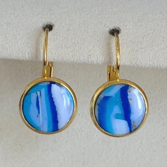 Hand Crafted Boho Gold Blue White Gemstone Marble Circle Drop Dangle Earrings - Picture 1 of 14